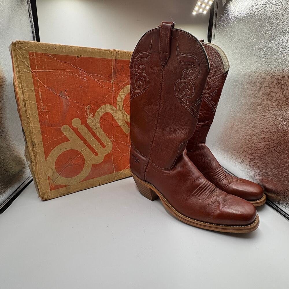 Vintage Brown Leather Dingo Cowboy Boots 12 Copper Aniline Square Toe